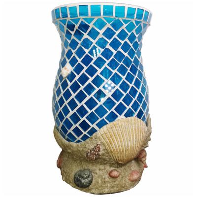 China Simple Moroccan Mosaic Glass Shade Vase Nightstand Blue Glass Light Bulb Bedroom Night Table Lamp with Shell Accent for sale