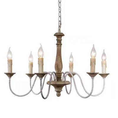 China French Chandelier Light Handmade Distressed White Wood Painted Chandelier Ceiling Light Classic 6 Country Cottage Distressed for sale