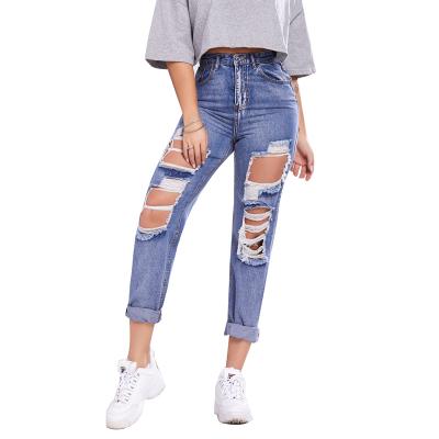 China 2021 Breathable Knee Hole Jeans Women Loose Straight Beggar Pants Women Trousers Leg Pants Plus Size Jeans for sale