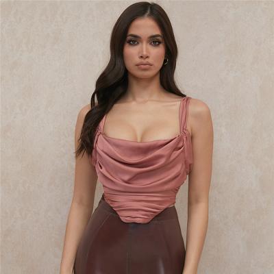 China Plus Size Summer Solid Color Drapped Corset Satin Cowl Neck Ruched Low Cut Nightclub Bustier Tank Top Striping Rubber Dated Night Crop Top for sale