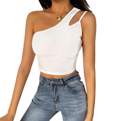 China 2021 Breathable Women Crop Top T-shirts One Shoulder Asymmetrical Sleeveless Ladies Fashion Tops for sale