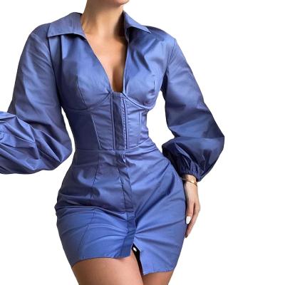 China Solid Color Anti-static Deep V-Neck Stand Collar Shirt Dress Anti-static Long Sleeve Puff Plus Size Dress For Women for sale