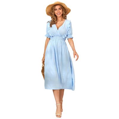 China New 2021 Summer Breathable V-Neckline High Waist Plus Size Women's Solid Color One Line Ruffled Short Sleeve Boho Midi Beach Latern Dress for sale