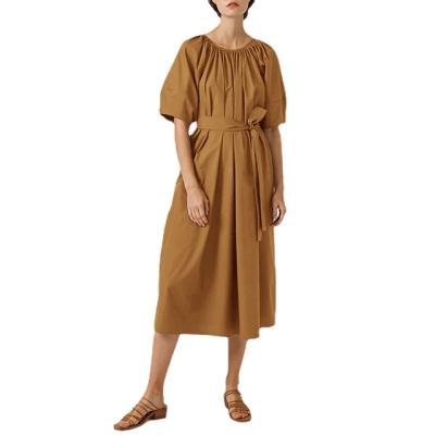 China New Summer Women's Short Sleeve Anti-Static Around The Neck Loose Caramel Dress With Belted for sale