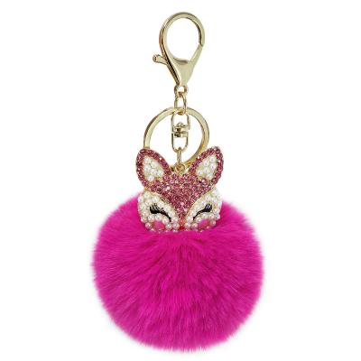 China Promotion Gift Cute Handmade Mini Fox Fur Ball Keychain Fluffy Ball Inlaid Rhinestone Ladies Bag Accessories Car Key Ring Pendant for sale