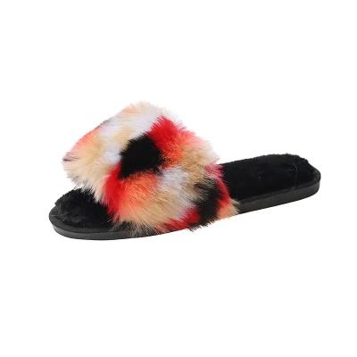 China 2022 Fashion Trend Wholesale Shine Color Fashion Fur Lady Slippers Open Toe Fluffy House Indoor Lady Fur Slippers Slides for sale