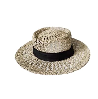 China Border Character Hollow Out Flat Top Unisex Handmade Toquilla Panama Straw Hat Men for sale