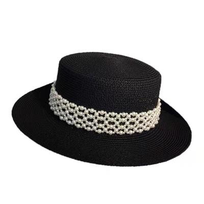 China Wholesale French Summer Character Style Hepburn Flat Top Pearl Beach Women's Panama Straw Hat for sale