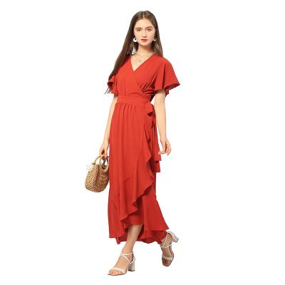 China CGYY 2021 Anti-static Elegant Ladies V-Neck Beach Solid Red Sarongs Knit Satin Belt Summer Boho Maxi Dress for sale