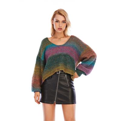 China Anti-wrinkle CGYY 2020 Women Love Fashionable Knitwear Color Block Striped Top Knit Pullover Sweaters Womens Crew Neck Pullover for sale