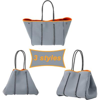 China Causal Gray Perforated Handbag Custom Universal Elastic Large Capacity Neoprene Twine Adjustable Beach Shoulder Bag for sale