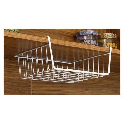 China Hot Selling Stylish White Mesh Wire Hanging Insert Metal Storage Baskets Viable Under Shelf Basket For Laundry Wardrobes Bathroom Kitchen for sale