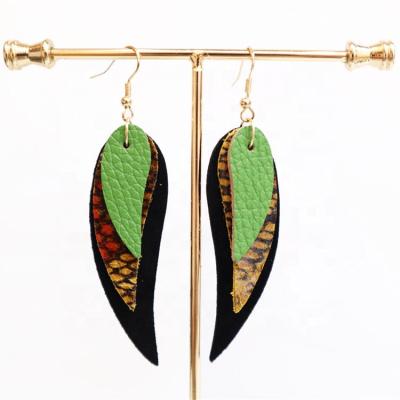 China Bohemia Environmental Friendly Multi-Layer Leaf Multicolor Women Leopard Print Genuine Leather Glitter Dangle Earrings for sale