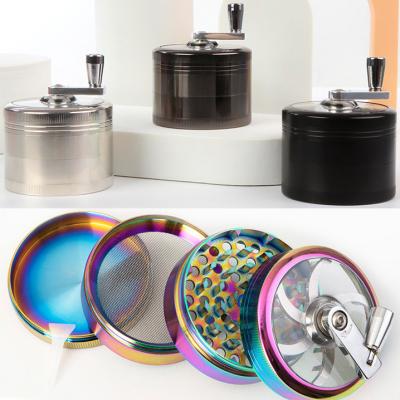 China Wholesale Durable Aluminum Grinder Smoke Shop Accessories Hand Rocker Tobacco 63mm 4 Parts Colorful Metal Herb Grinder With Rocker for sale