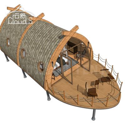 China Special design luxury wooden structure dock boat shape wooden cabin for farm scenic spot tourist hotel 1-5 people for sale