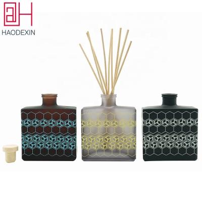 China HAODEXIN 250ml Classic Square Home Perfume Diffuser Glass Bottles With Decal Custom Printing Wholesale Glass Bottle For Home Fragrance for sale