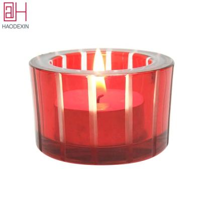 China Daily Life Home HAODEXIN Color Coated Hand Carved Tealight Thick Glass Candle Holders Votive Glass Candle Containers Etched Strips Customized for sale