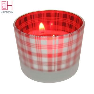 China Christmas Home Plaid Decoration HAODEXIN Votive Tea Light Candle Holders Frosted Glass Candle Jars 4.5oz Cute White Red Home Decoration for sale