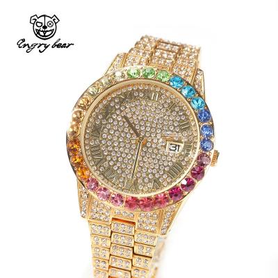 China 2021 New Simple Casual Hip Hop Diamond Rainbow Gradient Color Calendar Quartz Watch Day/Date Watch for sale