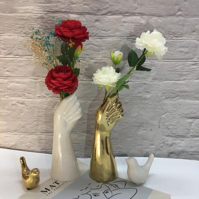 China Hand-held Art Decor Nordic gold flower vase home modern creative pitcher and white ceramic vase for sale