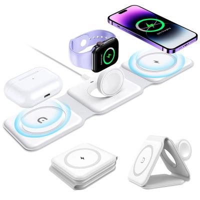 China Earphone Portable Foldable 3 in 1 Wireless Charger Stand Fast 15W Magnetic Wireless Charger For iPhone Watch Earphone for sale