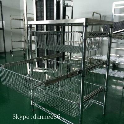 China Contemporary Wire Shelving Hospital Trolley With Sliding Basket for sale