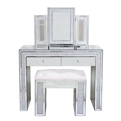 China Custom Mirror Furniture Diamond Modern Luxury Silver Bedroom Vanity Dressing Table With Stool And Three Fold Mirror for sale