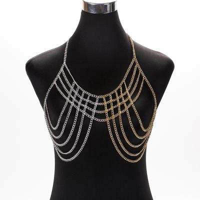 China Original ODM Design FASHIONABLE Multilayer Bra Chain Two Tone Sexy Chain For Women Body Jewelry Halter Bikini Dance Dress Wholesale for sale