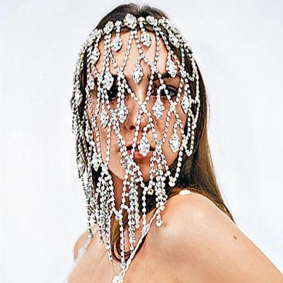 China Wholesale Fashionable Rhinestone Women Head Chains Full Face Cover Tassel Long Part Wear Jewelry Headdress Headdress Accessories for sale