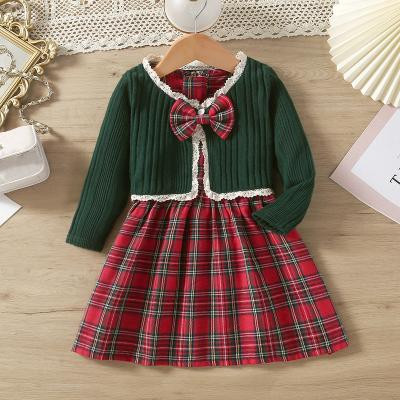 China New design girl's clothing set washable autumn sweater knit cardigan+plaid dress simple fashion two-piece girl's clothing wholesale for sale