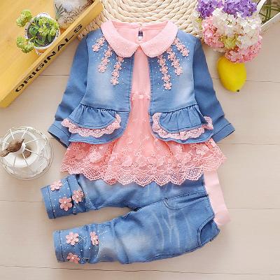 China Girl's washable clothing set popular products 2022 spring and autumn denim tracksuit + casual T-shirt + pants three-piece set for sale