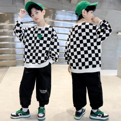 China Washable Children's Clothing 2022 New Design Handsome Boy Set Long Sleeve Plaid Hoodie + Casual Pants Two Piece Se for sale