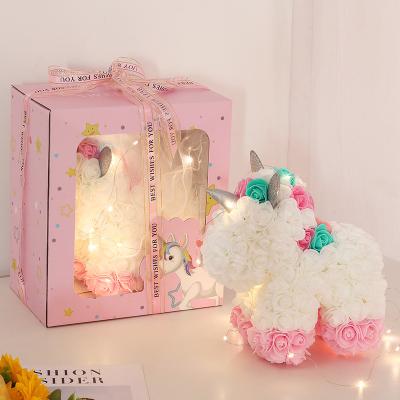 China Beautiful 2022 30cm 40cm Rose Unicorn Teddy Bears Eternal Preserved Flower valentines gift set foam flower Valentine's Day Artificial Flowers for sale