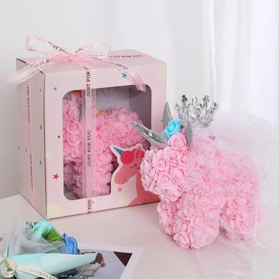 China High Quality Novelty Gifts Factory Price Christmas Valentine's Day Gifts The New Foam 25cm Rose Flower Bear Unicorn With Box Packing for sale