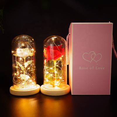 China Europe Valentines Gift Set Artificial Flower 24k Rose Gold With Lamp Rainbow Galaxy Rose Flower With Glass Cover Bottle Craft for sale