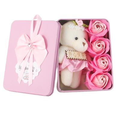 China Europe 4pcs Artificial Handmade Box Rose Soap Flower Square-Shaped With Teddy Bear Wedding Gift Iron for sale