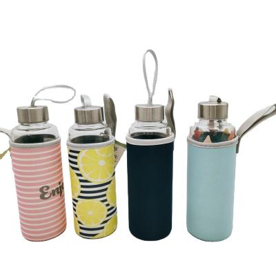 China Viable Colored Borosilicate Glass Drinking Water Bottle With Cloth Cover Bamboo Lid Portable Bottle for sale