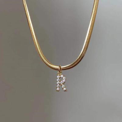 China Non Tarnish Snake Chain Trendy Alphabet Iced Out Initial Necklace 18K Gold Plated Stainless Steel Pendant for sale