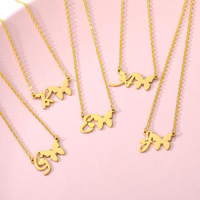 China Fashion Women Initial Letter Stainless Steel Cute Gold Plated Jewelry Butterfly Initial Necklace for sale