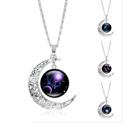 China Central Institute of Statistics Environmentally Friendly Hip-Hop Starry Sky 12 Time Constellations Gem Necklace Silver Moon Pendant Necklace Wholesale for sale