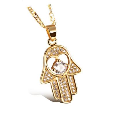 China Copper Gold Plated Jewelry Cubic Zirconia Copper Hamsa Pendant Necklace For Girl for sale