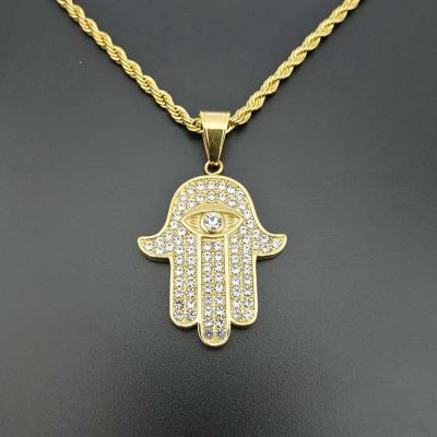 China Stainless Steel Jewelry Arabic Muslim Micro Diamond Pave Amulet Charm Hamsa Hand Necklace for sale