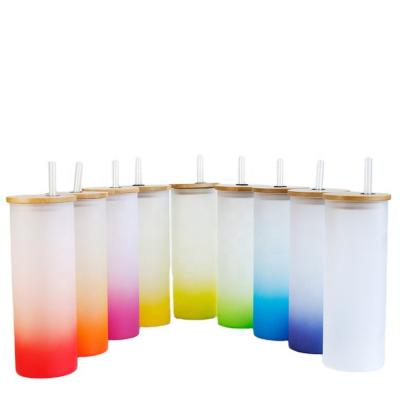 China Sustainable Wholesale 17oz Gradient Frosted Glass Tiktok Fashionable 500ml Frosted Gradient Color Printing Glass Tumbler With Straw Bamboo Lid for sale