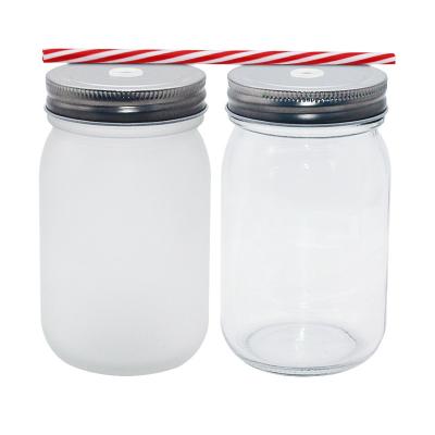 China Sublimation High Quality Viable /Clear Frosted Empty 430ML Mason Jar With Lid and Printing Straw Glass Mug For Sublimation for sale