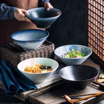 China Stocked Household Restaurant Hat Shaped Korean Noodles Bowl Hand Printed Ceramic Udon Bowl Ramen Bowls for sale