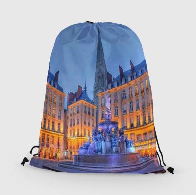 China High Quality Indian Style Logo Custom Knitted Polyester Double Layers Drawstring Backpack Sports Drawstring Backpack Bag Customizable for sale