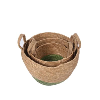 China Sustainable Natural Round Grass Storage Basket Household Straw Basket Handmade Straw Basket Three Set With Hemp Rope Handle for sale