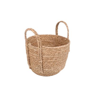 China Nice Sustainable Natural Quality Woven Hemo Rope Storage Basket Organizer Round Rush Grass Storage Basket With Braid Handle for sale