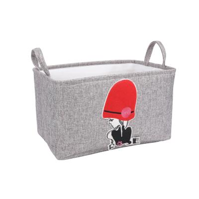 China Nice Printing Cotton Gray Quality Cube Storage Folding Canvas Baskets Organizing Foldable Fabric Cotton Storage Basket With Handle for sale