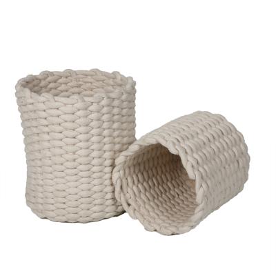 China Sustainable Natural Stackable Set 2 Container Household Storage Box Woven Cotton Rope Basket White Cotton Rope Storage Basket for sale